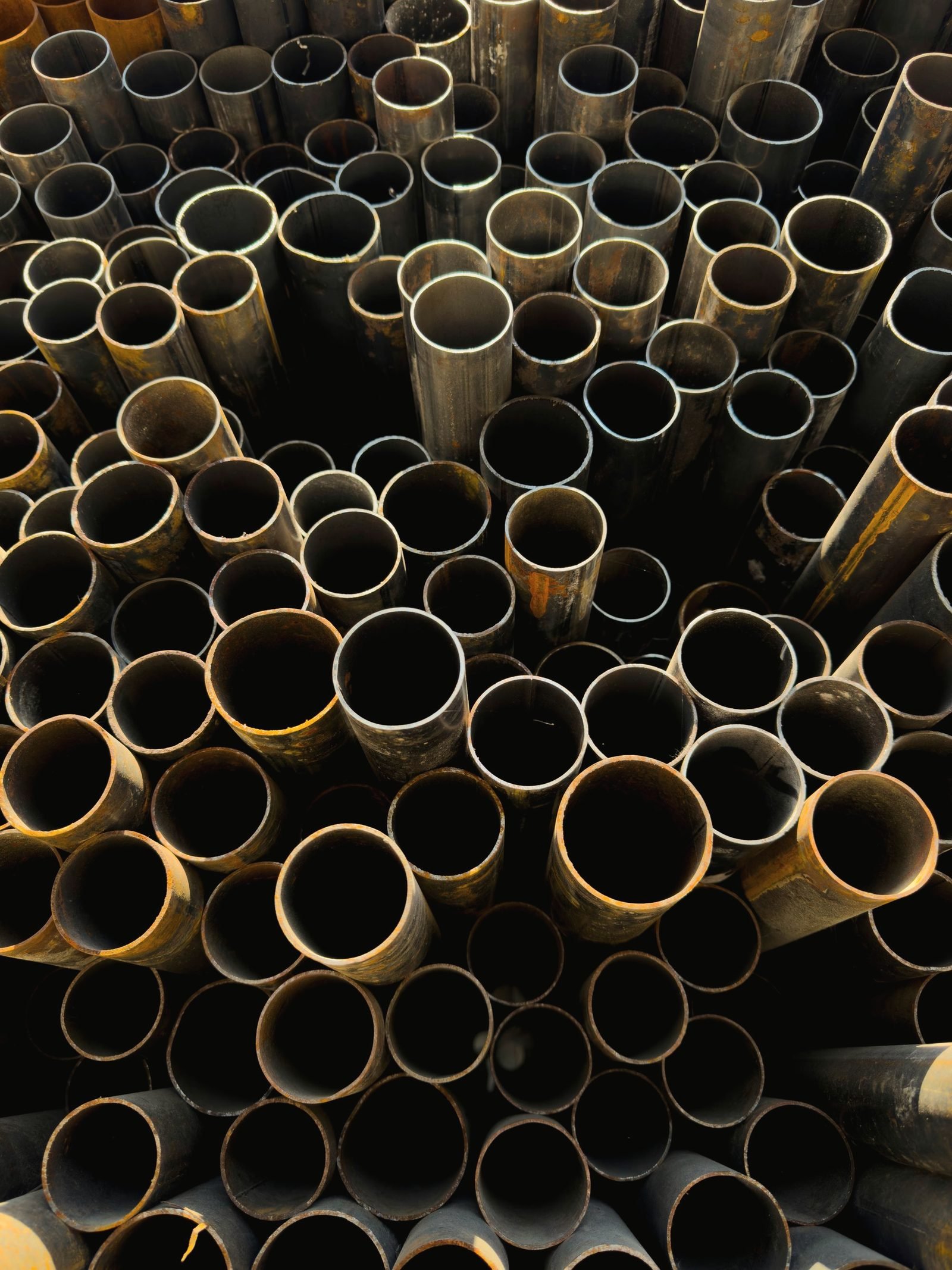 The open ends of a bundle of steel tubing, seen straight on