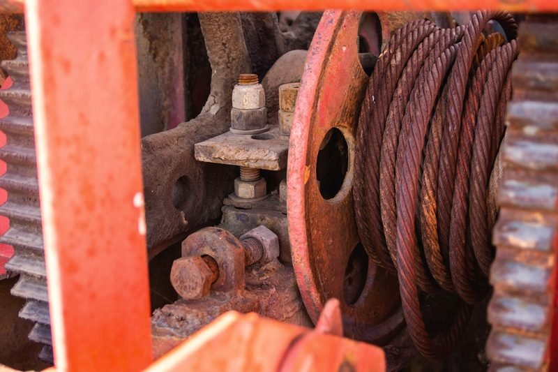 Wire rope spooled on a red steel drum